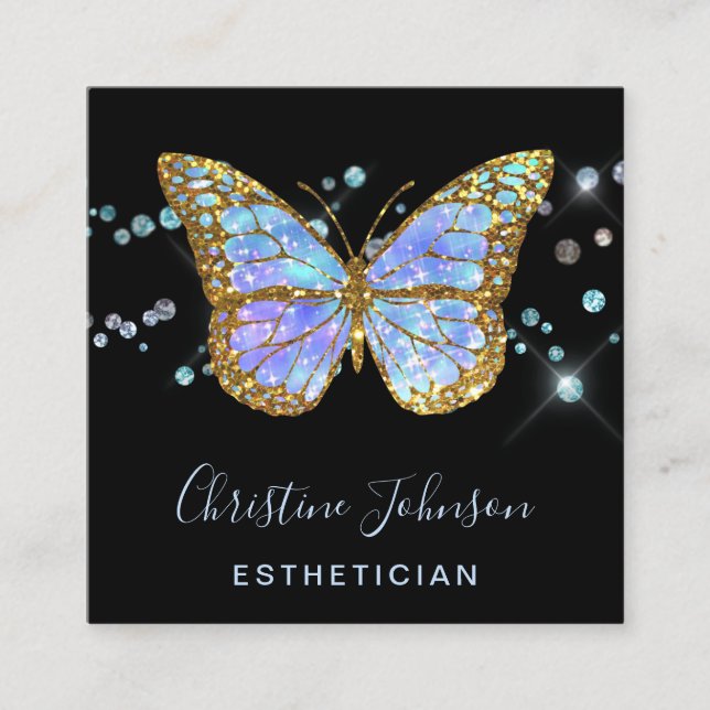 aesthetician faux glitter blue butterfly design square business card (Front)