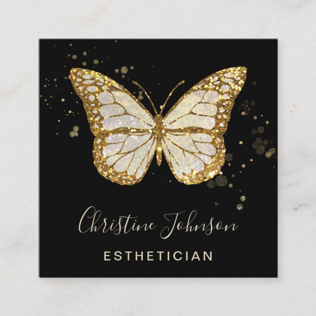 aesthetician faux glitter butterfly square business card (Front)