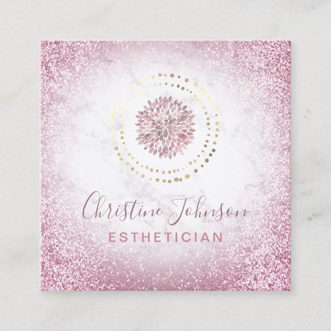 aesthetician faux pink glitter dahlia decor square business card (Front)