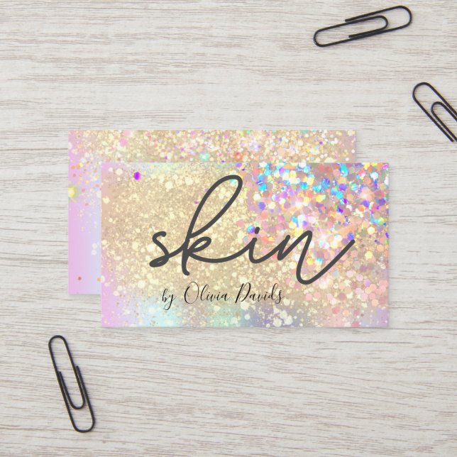 Aesthetician Holo Gold Glitter Skincare Salon Business Card (Front/Back In Situ)