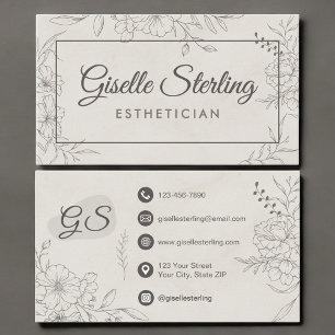 Aesthetician Marble Stone Floral Line Art Script Business Card