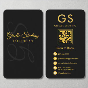Aesthetician Monogram Black Gold QR Code Beauty Business Card
