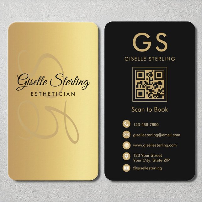 Aesthetician Monogram Gold Black QR Code Business Card (Creator Uploaded)
