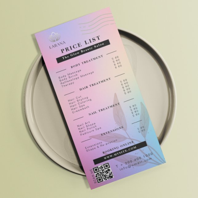 Aesthetician Price List Pink Holographic Iridescen Rack Card (Esthetician Price List Pink Holographic Iridescent Rack Card)
