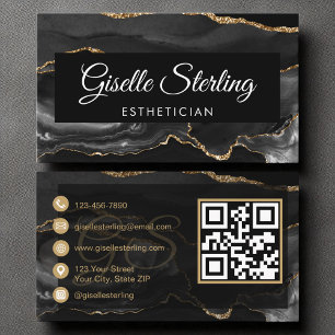 Aesthetician QR Code Black Gold Agate Luxury  Business Card