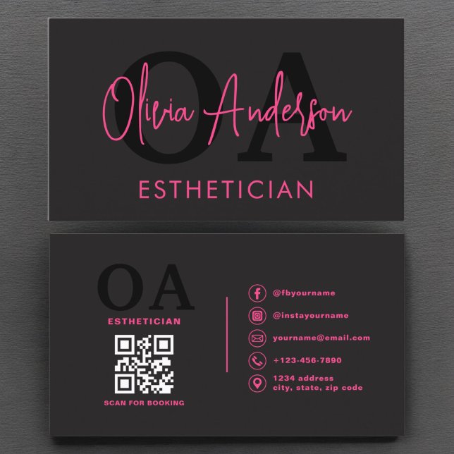 Aesthetician QR Code Hot Pink Black Social Media Business Card (Creator Uploaded)