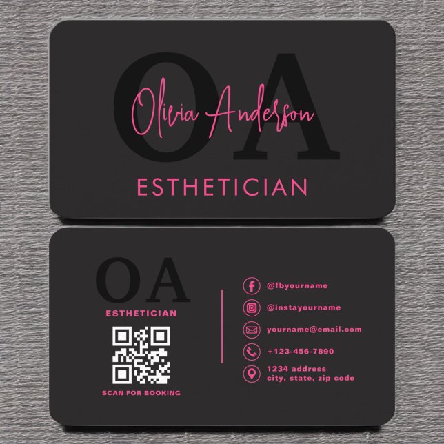 Aesthetician QR Code Hot Pink Black Social Media Business Card (Creator Uploaded)