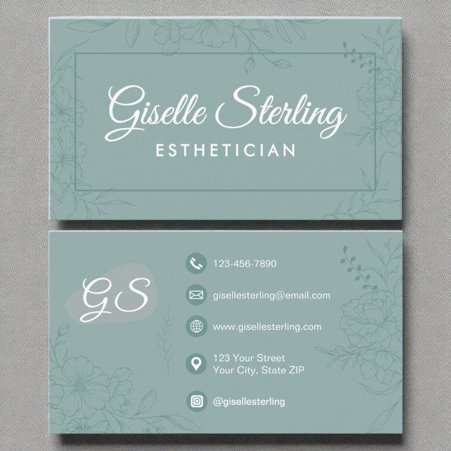 Aesthetician Teal Floral Line Art Modern Script Business Card (Creator Uploaded)