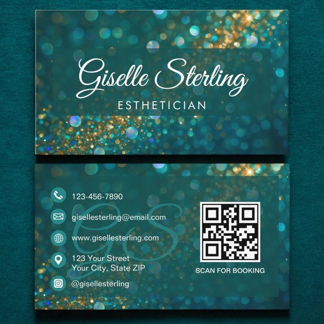 Aesthetician Teal Gold Glitter QR Code Luxury Business Card (Creator Uploaded)