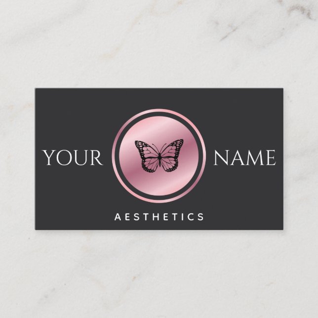 Aesthetics Add Your Name Rose Gold Butterfly Black Business Card (Front)