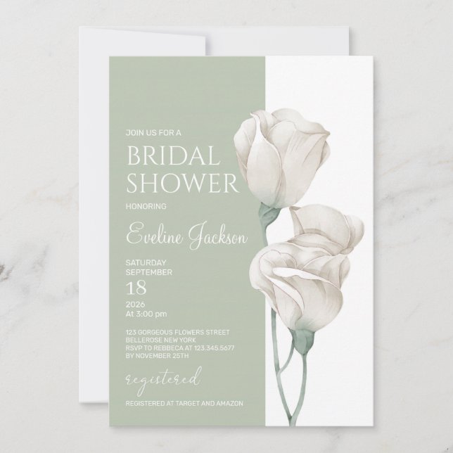 Aethereal pastel green white floral tulips bridal invitation (Front)