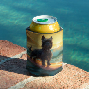 Affenpinscher Beach Surfing Painting Can Cooler