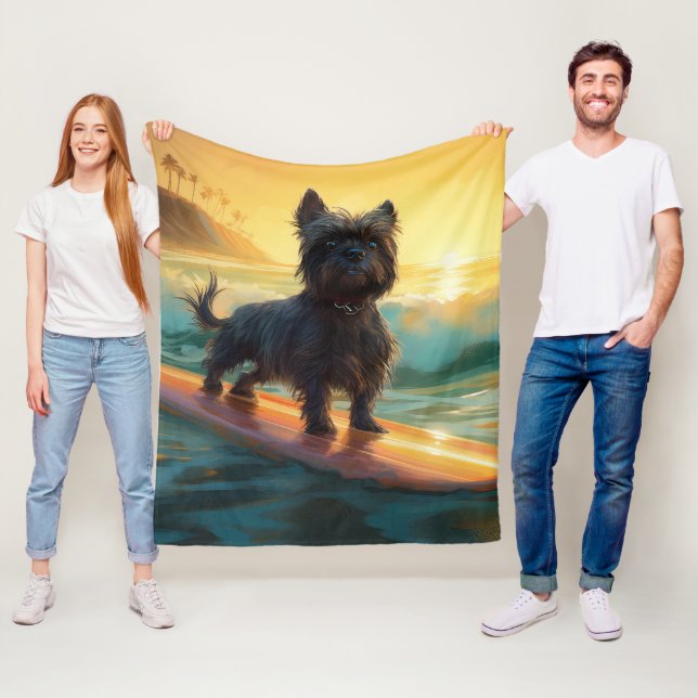 Affenpinscher Beach Surfing Painting Fleece Blanket (In Situ)