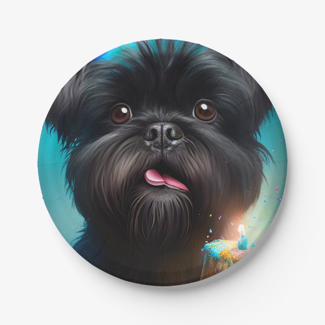 Affenpinscher celebrating Birthday Balloons cake Paper Plate (Front)