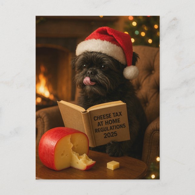 Affenpinscher 'Cheese Tax' Christmas postcard (Front)