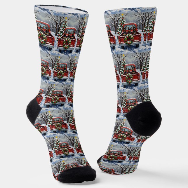 Affenpinscher Christmas Red Truck Holiday Socks (Angled)