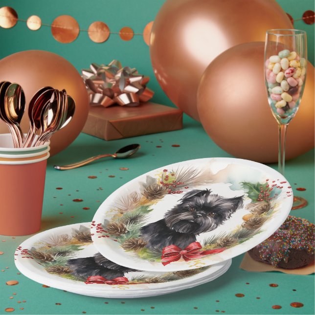 Affenpinscher Christmas Wreath Festive Pup Paper Plate (Multi)