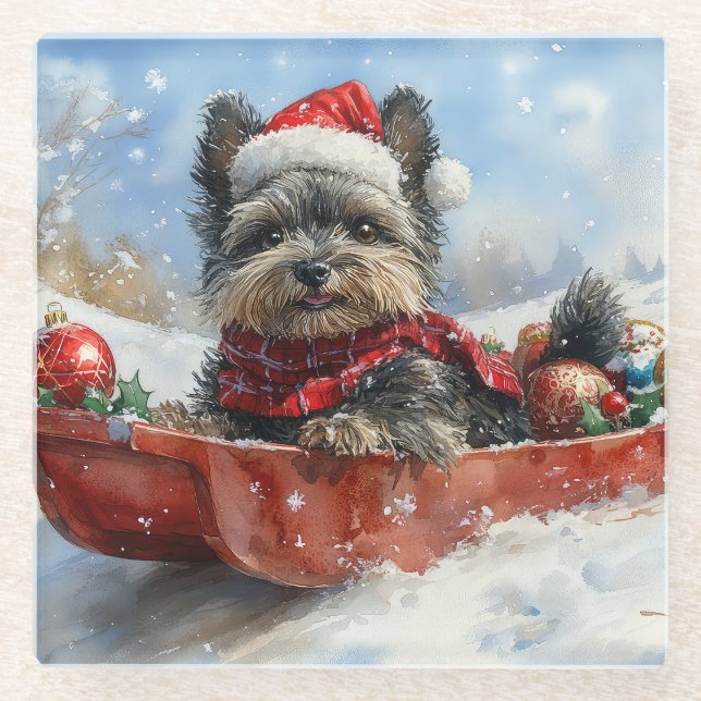 Affenpinscher Dog in Sledge Let it Snow Christmas Glass Coaster (Front)