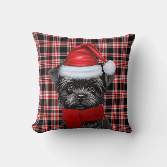 Affenpinscher Dog Red Plaid Christmas Holiday Cushion (Front)