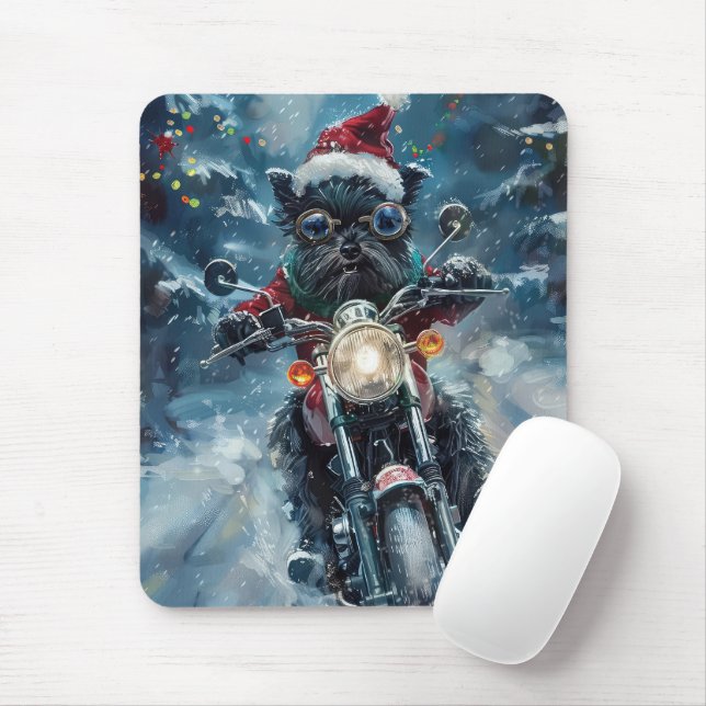 Affenpinscher Dog Riding Motorcycle Christmas Mouse Mat (With Mouse)