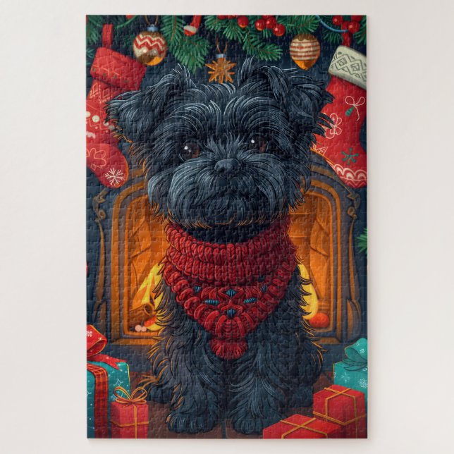 Affenpinscher Dog With Christmas Gifts Fireplace Jigsaw Puzzle (Vertical)