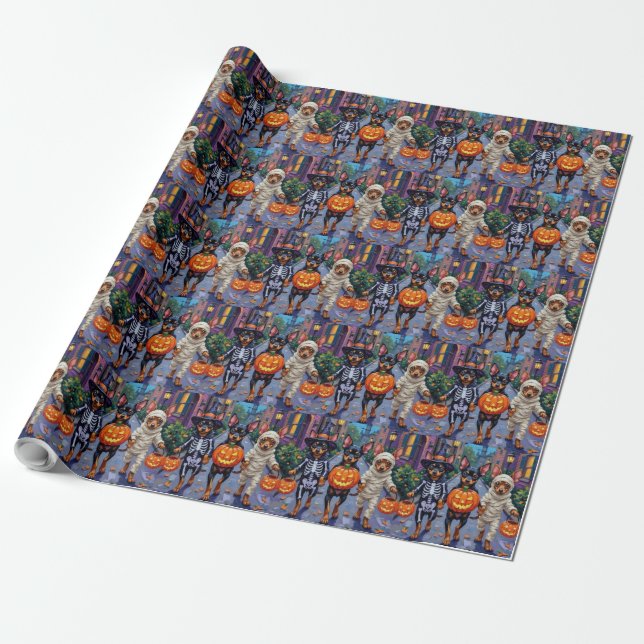 Affenpinscher Dogs Trick-or-Treating in Halloween  Wrapping Paper (Unrolled)