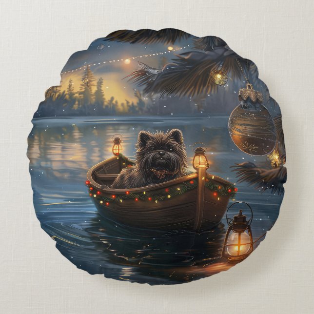 Affenpinscher Festive Christmas Voyage Round Cushion (Front)
