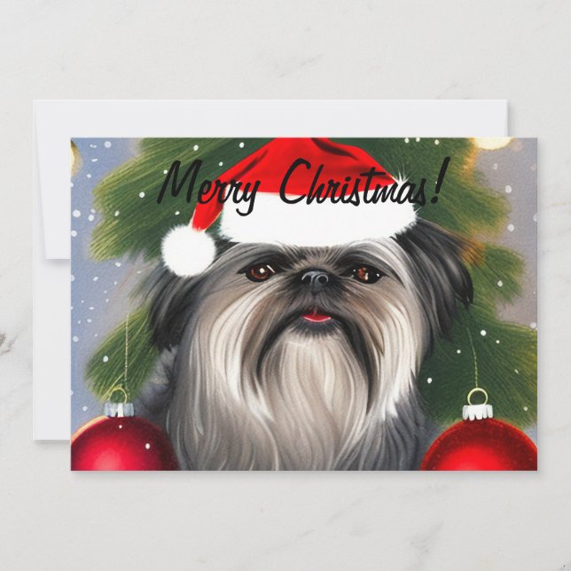 Affenpinscher In Christmas Hat Flat Holiday Card (Front)