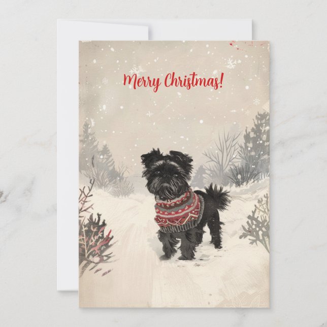 Affenpinscher In Snow Minimal Vintage Christmas Holiday Card (Front)