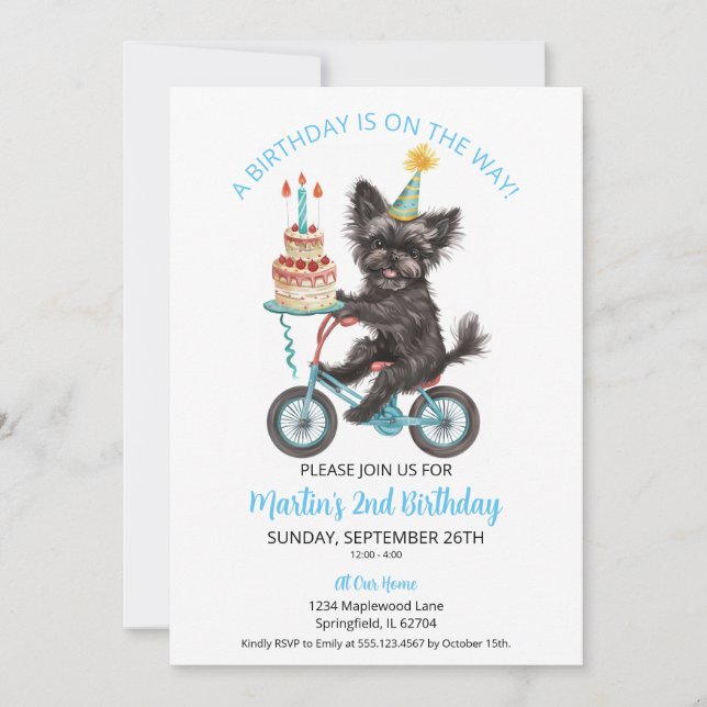 Affenpinscher on Bike with Cake 2nd Birthday Party Invitation (Front)