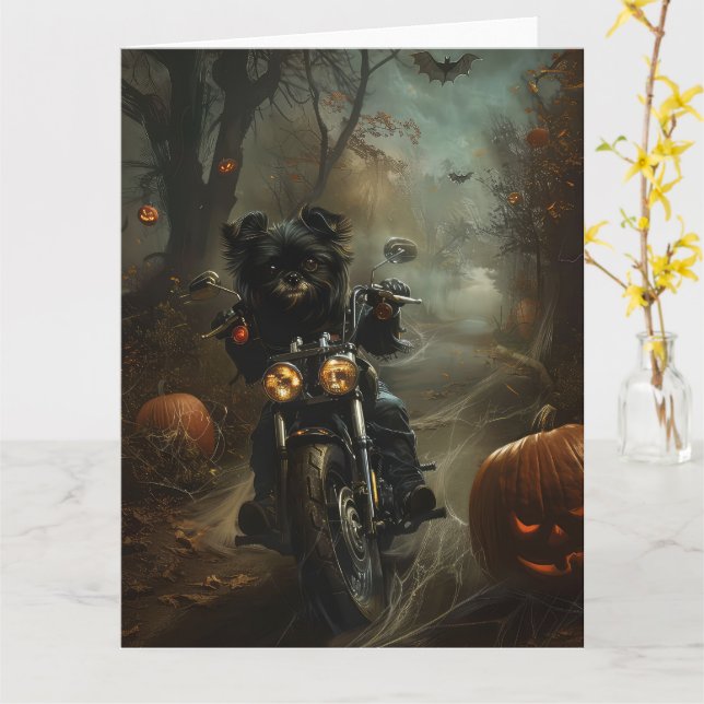 Affenpinscher Riding Motorcycle Halloween Scary  Card (Yellow Flower)