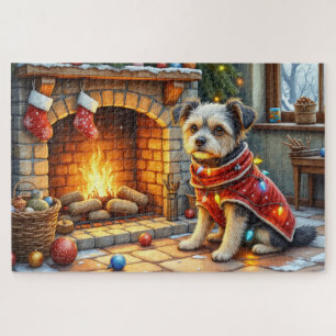 Affenpinscher Sitting Fireplace Christmas Lights Jigsaw Puzzle