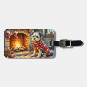 Affenpinscher Sitting Fireplace Christmas Lights Luggage Tag