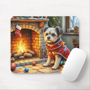 Affenpinscher Sitting Fireplace Christmas Lights Mouse Mat