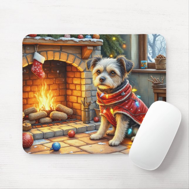 Affenpinscher Sitting Fireplace Christmas Lights Mouse Mat (With Mouse)