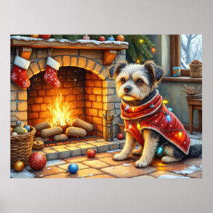 Affenpinscher Sitting Fireplace Christmas Lights Poster