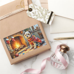 Affenpinscher Sitting Fireplace Christmas Lights Rectangular Sticker