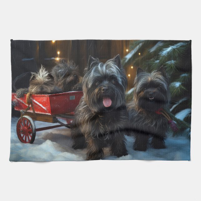 Affenpinscher Snowy Sleigh Ride Christmas Decor Tea Towel (Horizontal)