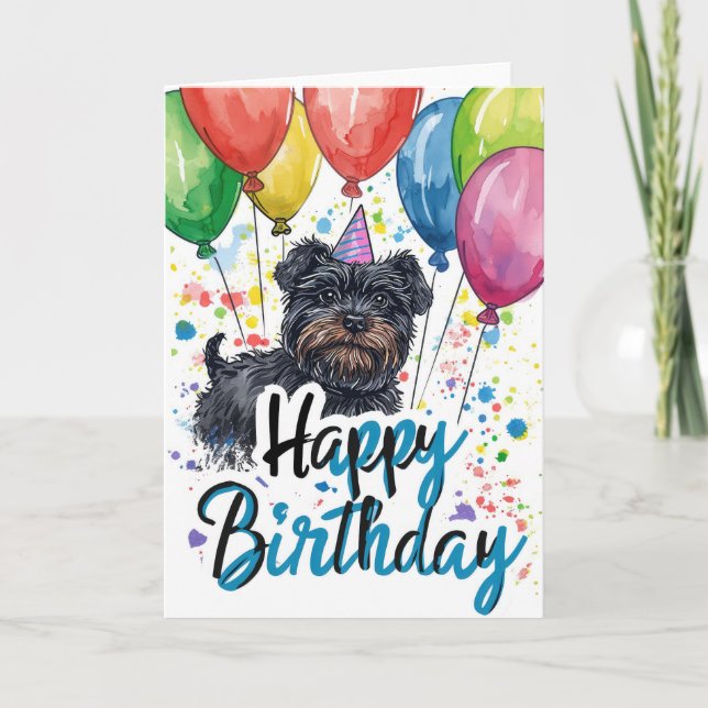 Affenpinscher with Balloons Birthday Card (Front)