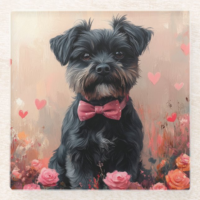 Affenpinscher with Roses - Valentine's Day Glass Coaster (Front)