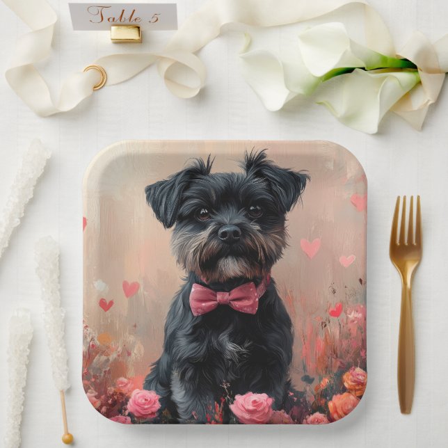 Affenpinscher with Roses - Valentine's Day Paper Plate (Wedding)