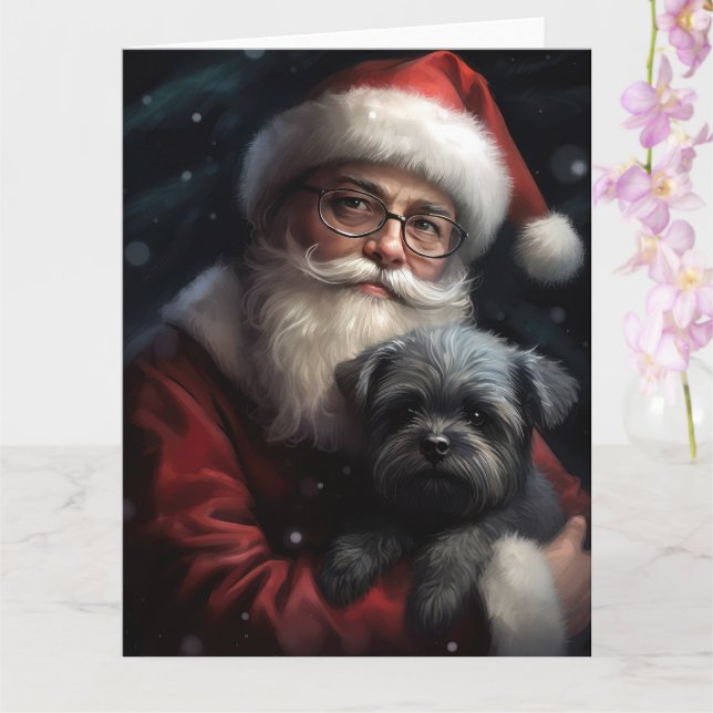 Affenpinscher with Santa Claus Festive Christmas Card (Orchid)
