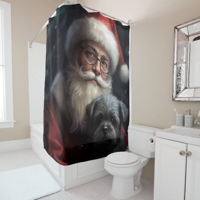 Affenpinscher with Santa Claus Festive Christmas Shower Curtain (In Situ)