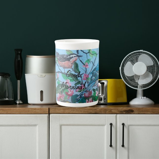 Affirmation 'Good Morning'unique Art Bone China Mug (Elegant Hand Painted Print Bird Watching Good Morning Mug!)