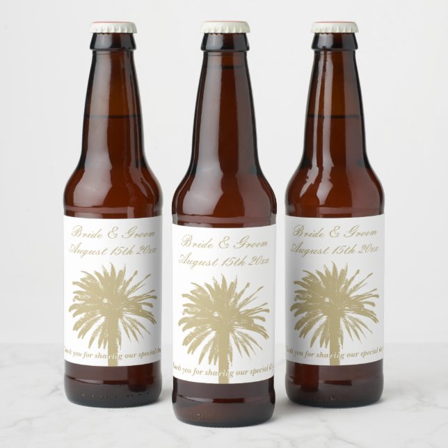 Affluent beach wedding beige palm tree silhouette beer bottle label (Bottles)