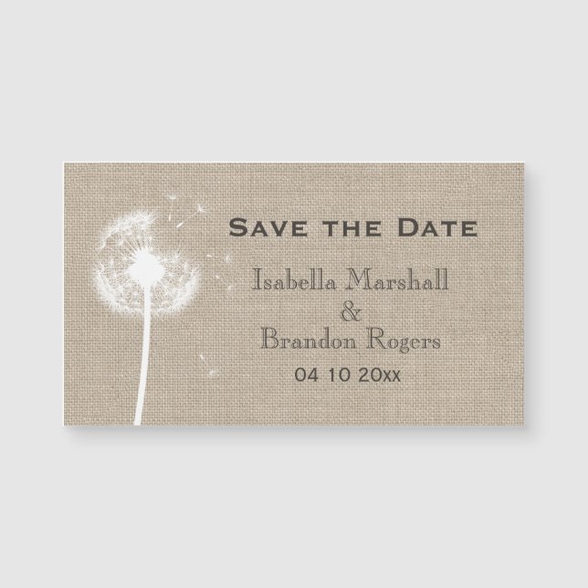 Affordable Burlap Dandelion Save the Date Magnet (Front)