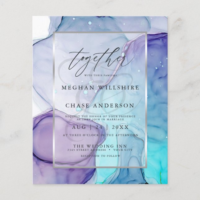 Affordable Wedding Chic Aqua Purple Abstract Ink (Front)