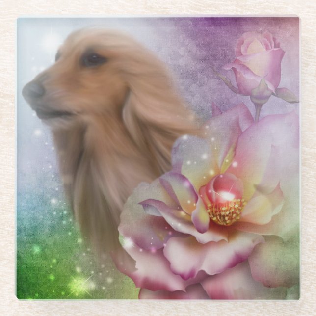 Afghan Dog And Flowers Glass Coaster (Front)