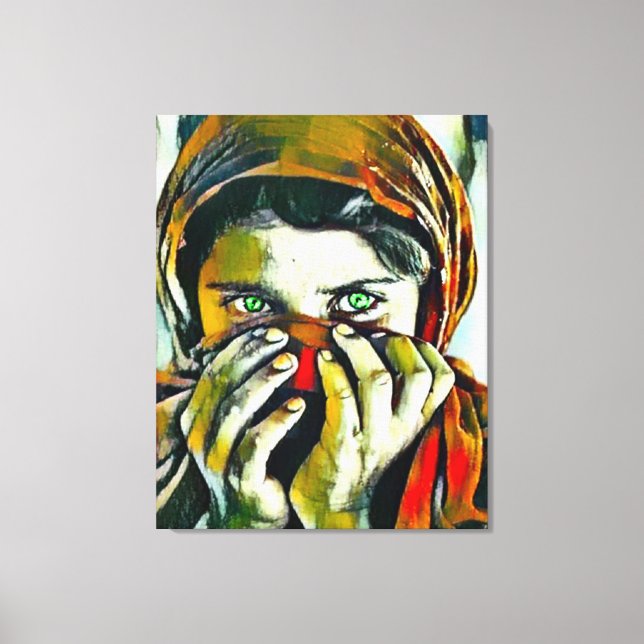 Afghan Girl With Green Eyes Oil Portrait Canvas Print (Front)