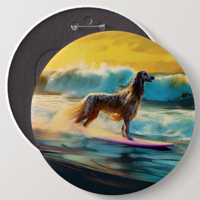 Afghan Hound Beach Surfing Painting  6 Cm Round Badge (Front & Back)